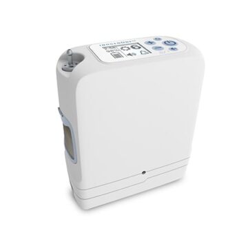 An Inogen One G5 Portable Oxygen Concentrator with 16 Cell Battery/Extended Life Battery device with a blue screen on it.