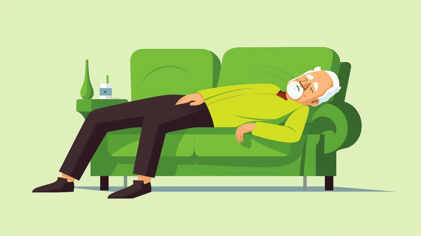 An old man navigating the intricacies of central sleep apnea (CSA) on a green couch.