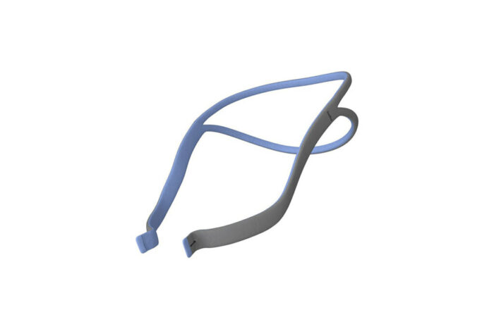 A flexible, blue and gray minimalist eyeglass frame with no lenses, reminiscent of the sleek design of ResMed AirFit P10 Nasal Pillow CPAP Mask Original Headgear (Non-Adjustable).