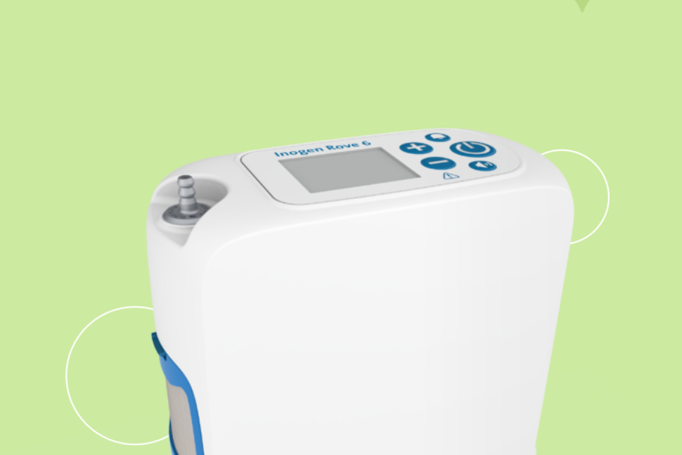 Product Spotlight: The Inogen Rove 6 Oxygen Concentrator is a medical device that stands out with its striking blue and white color.