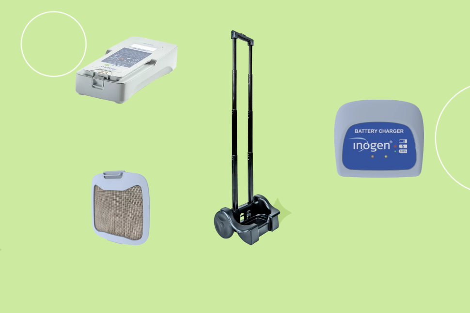 A green background showcasing the Inogen Rove 6 Oxygen Concentrator, a product spotlight featuring various medical equipment.
