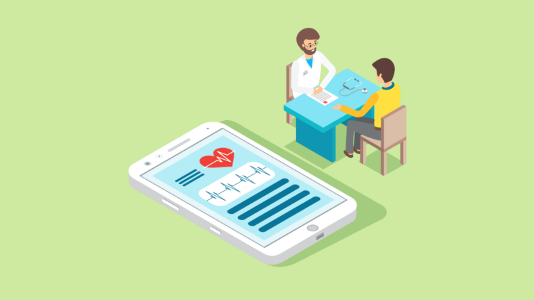 An isometric image of a doctor and a patient sitting at a table in an Essential healthcare setting.