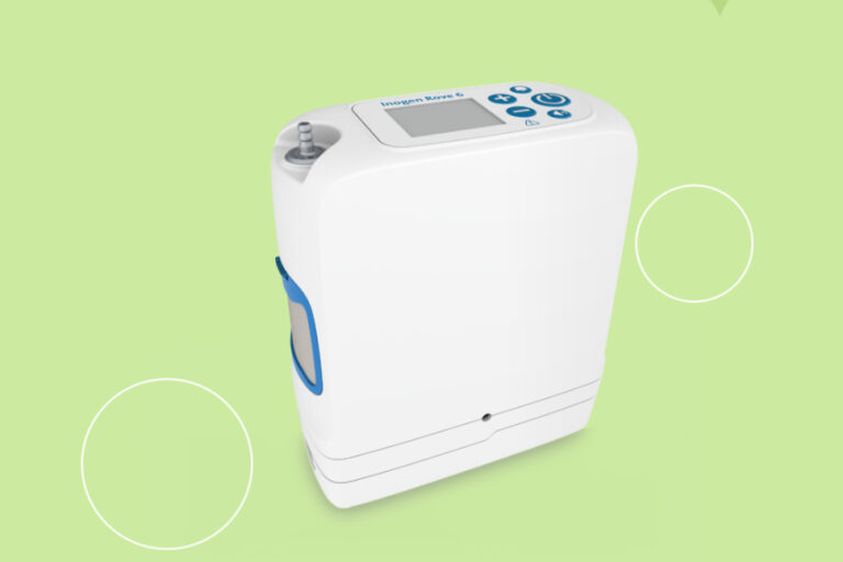 A white and blue Oxygen Concentrator device on a green background.