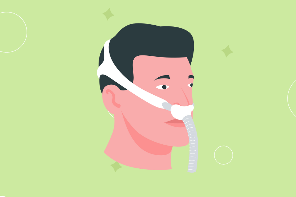 An illustration of a man wearing a CPAP mask on his face.