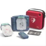 A close-up of a Philips HeartStart OnSite AED defibrillator.