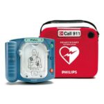 A Philips HeartStart OnSite AED in a red box.