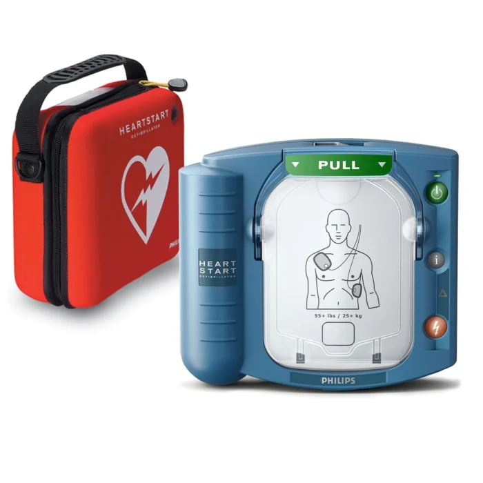 A close-up of a [Philips HeartStart OnSite AED] in a first aid kit.