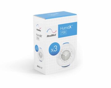A box with a white ResMed HumidX F20 for AirMini (6 Pack) box on top of it.