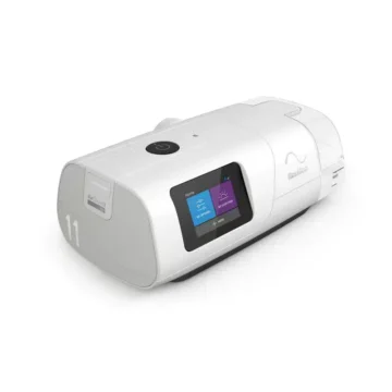 The white ResMed AirCurve 11 Bi-Level VAuto Machine with HumidAir Humidifier features a digital display and a clear water chamber.