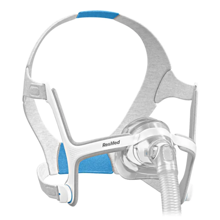 A ResMed Airtouch N20 nasal CPAP mask with a grey and blue headgear and transparent tubing, shown against a white background.