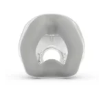 A modern, gray yoga headstand bench with a clear cutout in the middle, designed to support the neck and shoulders like a ResMed Airtouch N20 Nasal CPAP Mask, isolated on a white background.