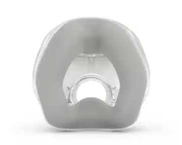 A modern, gray yoga headstand bench with a clear cutout in the middle, designed to support the neck and shoulders like a ResMed Airtouch N20 Nasal CPAP Mask, isolated on a white background.