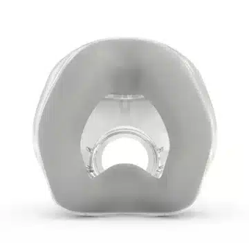 A modern, gray yoga headstand bench with a clear cutout in the middle, designed to support the neck and shoulders like a ResMed Airtouch N20 Nasal CPAP Mask, isolated on a white background.