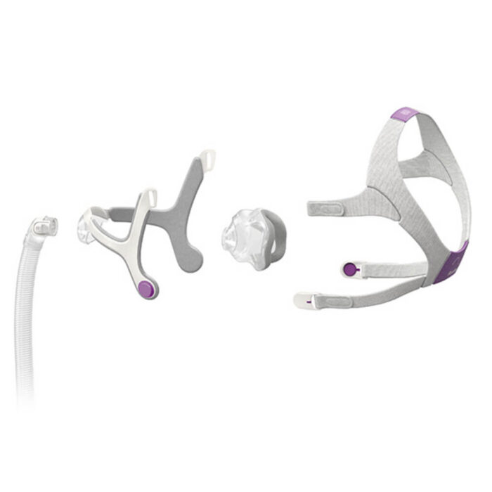 Exploded view of a ResMed Airtouch N20 Nasal CPAP Mask assembly with headgear, straps, frame, and nasal cushion, isolated on a white background.
