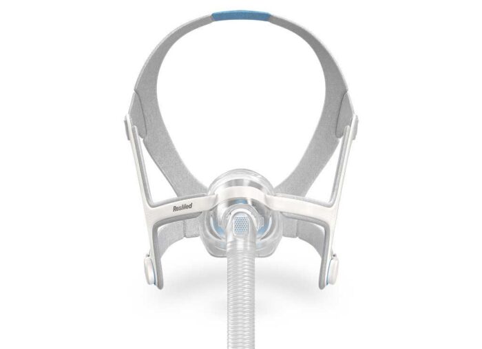 ResMed Airtouch N20 Nasal CPAP Mask with headgear and flexible tubing on a white background.