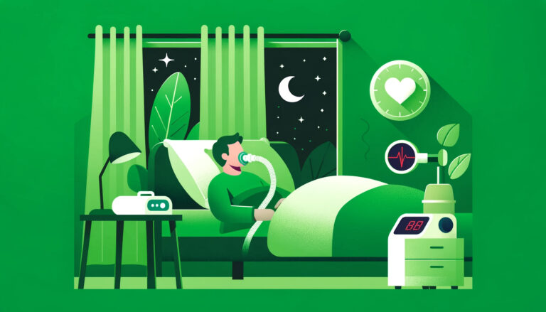 Man sleeping with CPAP machine due to Sleep Apnea in a green-themed bedroom at night.