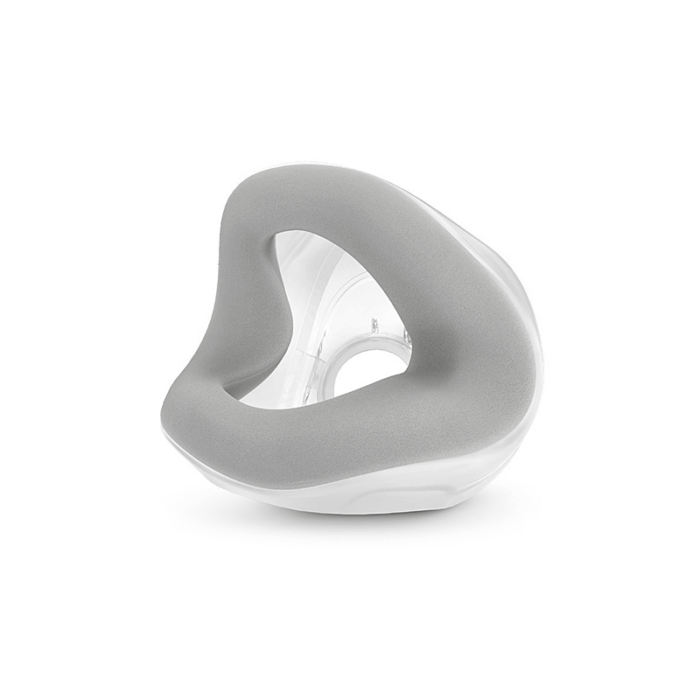Modern gray and white ergonomic ResMed Airtouch N20 Nasal CPAP Mask neck pillow on a white background.