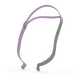 A minimalist, purple and gray strap for the ResMed AirFit P10 for Her Nasal Pillow CPAP Mask Adjustable Headgear, featuring a hook at one end and an adjustable slider in the middle.