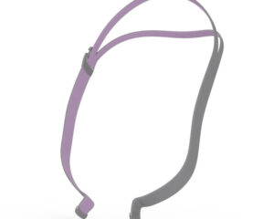 A minimalist, purple and gray strap for the ResMed AirFit P10 for Her Nasal Pillow CPAP Mask Adjustable Headgear, featuring a hook at one end and an adjustable slider in the middle.