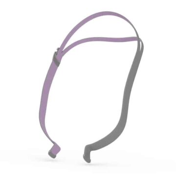A minimalist, purple and gray strap for the ResMed AirFit P10 for Her Nasal Pillow CPAP Mask Adjustable Headgear, featuring a hook at one end and an adjustable slider in the middle.