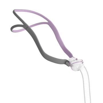 ResMed AirFit P10 For Her Nasal Pillow CPAP Mask Original Headgear (Non-Adjustable) in purple and gray, shown with a white hose on a white background.