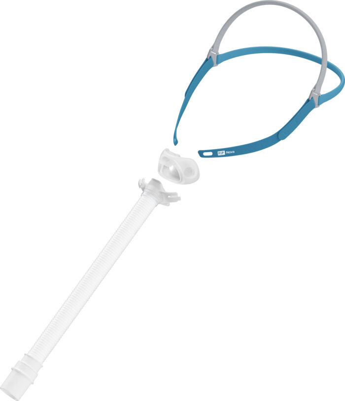 Fisher & Paykel Nova Micro Nasal Pillow CPAP Mask (Fit Pack) attached to a white snorkel with a clear mouthpiece, isolated on a white background.