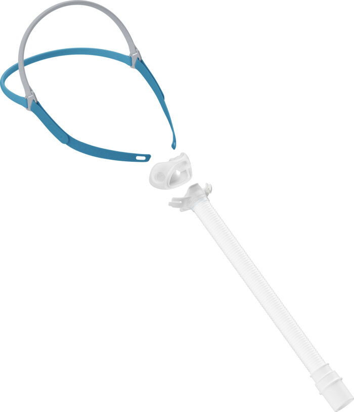 A Fisher & Paykel Nova Micro Nasal Pillow CPAP Mask (Fit Pack) with a blue head strap connected to a white flexible tube and breathing mouthpiece.