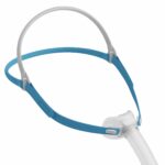 Fisher & Paykel Nova Micro Nasal Pillow CPAP Mask (Fit Pack) blue and white nasal pillow CPAP mask with headgear and flexible tubing on a white background.