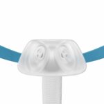 Close-up of the Fisher & Paykel Nova Micro Nasal Pillow CPAP Mask (Fit Pack) featuring two nasal openings and blue head straps, designed for respiratory support.