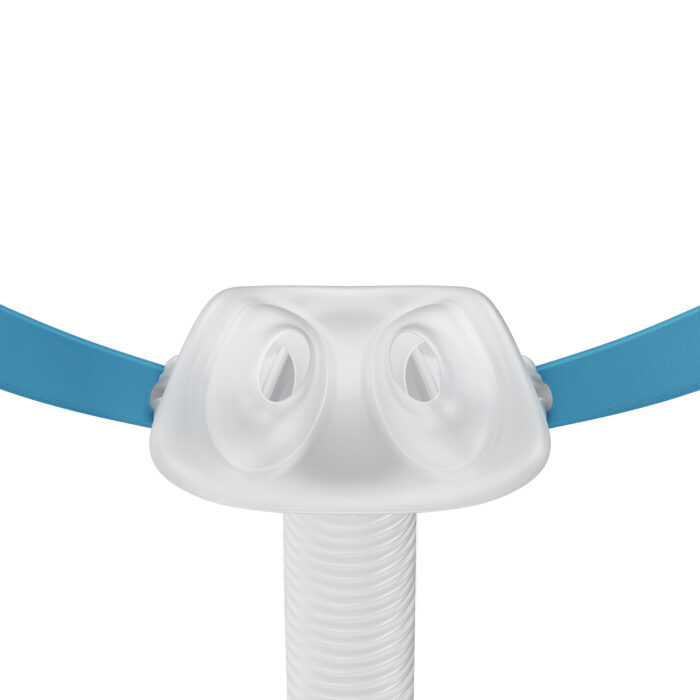 Frontal view of a white and blue Fisher & Paykel Nova Micro Nasal Pillow CPAP Mask  (Fit Pack), showing the nosepiece and headgear straps, against a white background.