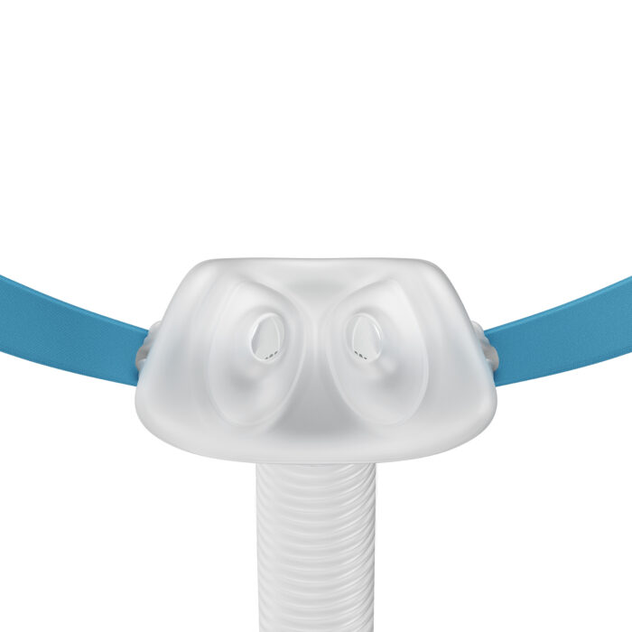 Blue headband attached to a white Fisher & Paykel Nova Micro Nasal Pillow CPAP Mask (Fit Pack), isolated on a white background.