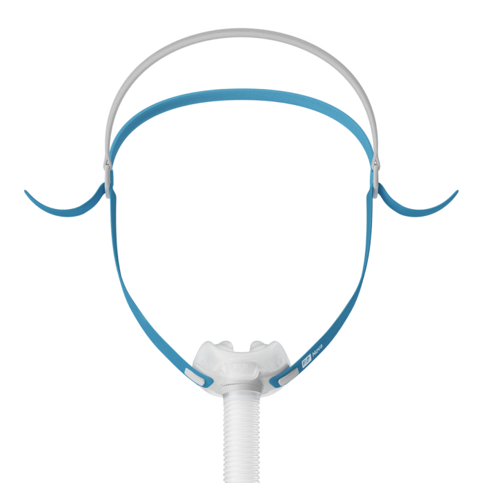 A transparent Fisher & Paykel Nova Micro Nasal Pillow CPAP mask with a white hose attachment, set against a striped blue background.