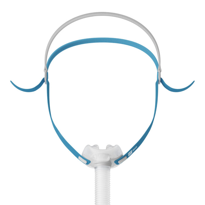 A blue and white Fisher & Paykel Nova Micro Nasal Pillow CPAP mask (Fit Pack) with headgear and hose attachment, isolated on a white background.