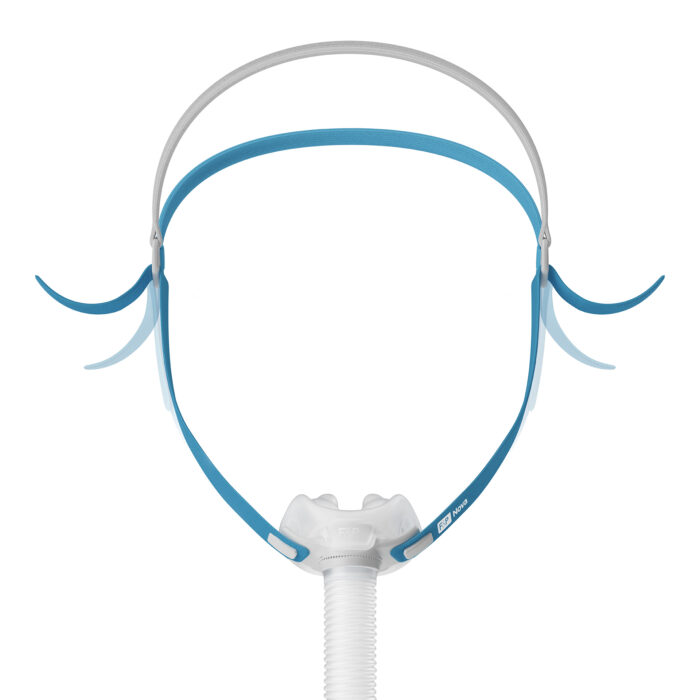 A blue and white Fisher & Paykel Nova Micro Nasal Pillow CPAP Mask (Fit Pack) with headgear isolated on a white background.
