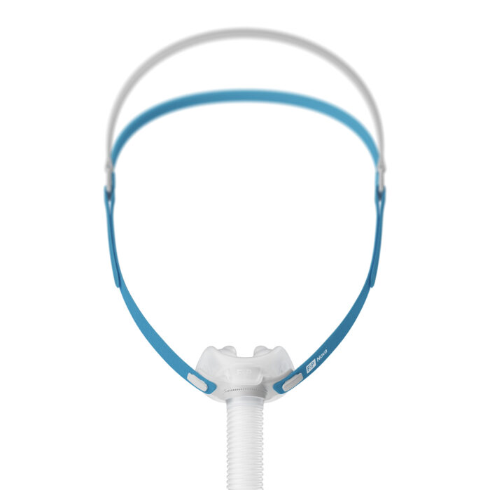 Fisher & Paykel Nova Micro Nasal Pillow CPAP Mask (Fit Pack) with headgear connected to a white flexible tube from Fisher & Paykel, isolated on a white background.