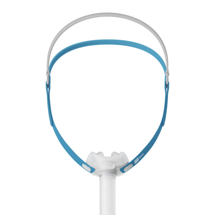 Blue and white Fisher & Paykel Nova Micro Nasal Pillow CPAP Mask (Fit Pack) with flexible tubing and adjustable headgear, isolated on a white background.