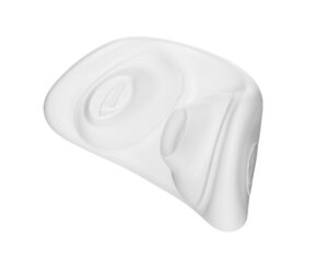 A white, 3D-rendered abstract sculpture with smooth, undulating surfaces and recessed circular details, reminiscent of a Fisher & Paykel Nova Micro Nasal Pillow CPAP Mask (Fit Pack) design.