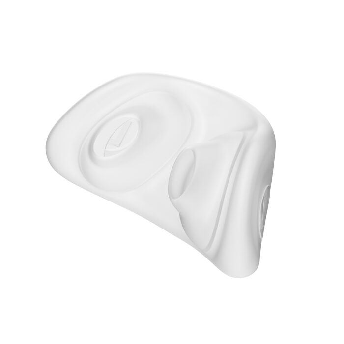 A white, 3D-rendered abstract sculpture with smooth, undulating surfaces and recessed circular details, reminiscent of a Fisher & Paykel Nova Micro Nasal Pillow CPAP Mask (Fit Pack) design.