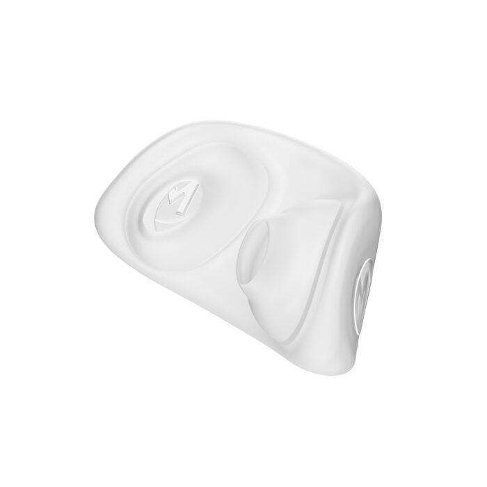 3d illustration of a white, crushed soda can with a visible recycling symbol on its top, resembling the compact design of the Fisher & Paykel Nova Micro Nasal Pillow CPAP Mask (Fit Pack).