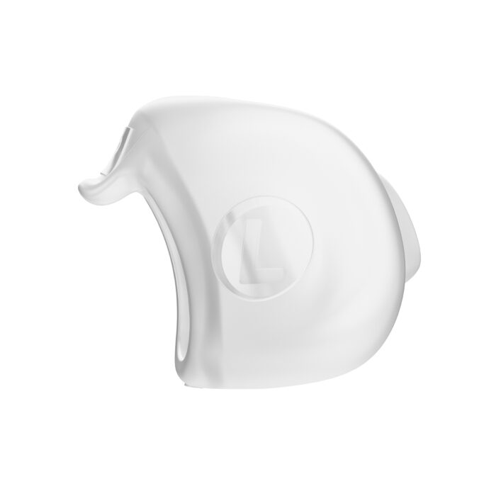 White plastic whistle with a letter "l" embossed on the side, isolated on a white background, similar to the color and texture used in Fisher & Paykel Nova Micro Nasal Pillow CPAP Mask (Fit Pack) components.