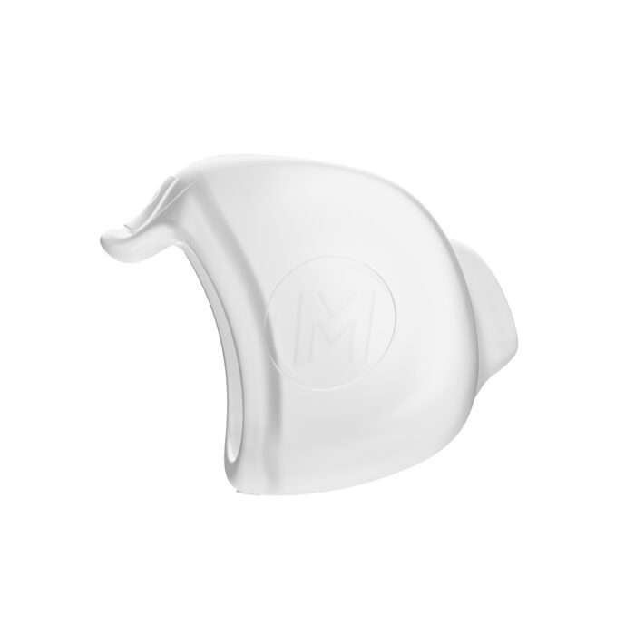 White plastic Fisher & Paykel Nova Micro Nasal Pillow CPAP Mask (Fit Pack) lid with a spout and an embossed letter 'm' in the center, isolated on a white background.