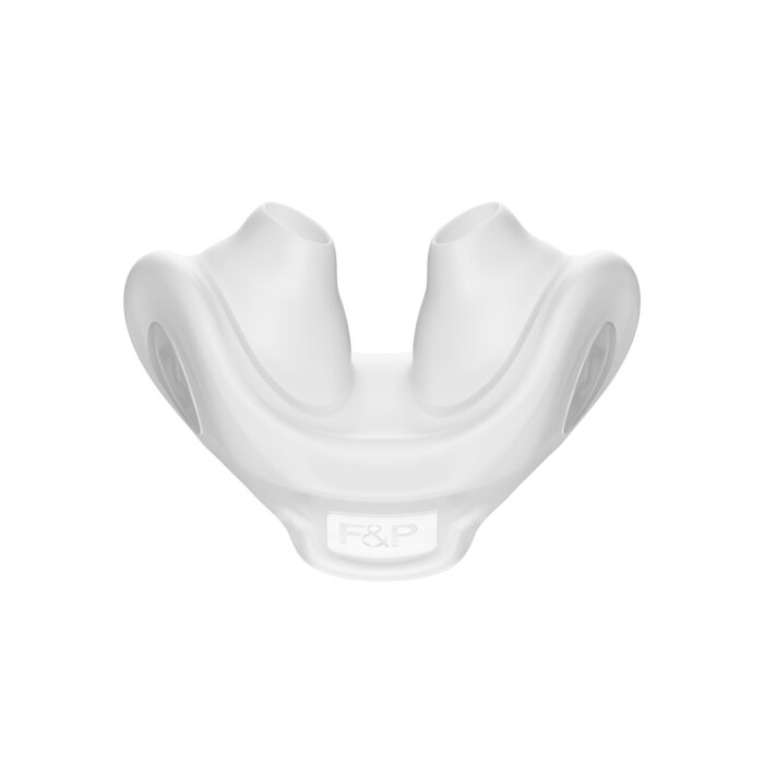 A white Fisher & Paykel Nova Micro Nasal Pillow CPAP Mask (Fit Pack) with dual nostril openings and an "f&p" logo on the front.