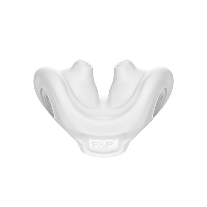 A white, dual-nostril Fisher & Paykel Nova Micro Nasal Pillow CPAP Mask  (Fit Pack) with the logo "f&p" embossed on the front.