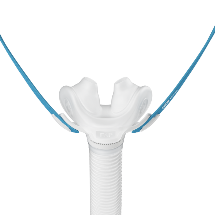 A white and blue lacrosse stick head against a striped gray background featuring a Fisher & Paykel Nova Micro Nasal Pillow CPAP Mask (Fit Pack).