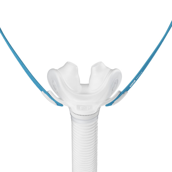 Close-up of a white and blue lacrosse stick head with mesh netting against a white background, resembling the structure of a Fisher & Paykel Nova Micro Nasal Pillow CPAP Mask (Fit Pack).