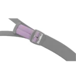 Close-up of a ResMed AirFit P10 for Her Nasal Pillow CPAP Mask Adjustable Headgear with a purple cushion and grey strap. The word "ResMed" is written on the plastic buckle connection.