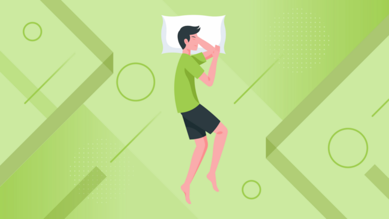 Illustration of a person sleeping on their side, hugging a pillow, wearing a green shirt and dark shorts, on a light green background with geometric shapes—a perfect Comfort Guide for side sleepers.