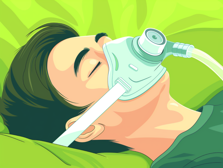 An illustration of a person lying on a green surface, wearing a breathing mask with their eyes closed, receiving CPAP therapy.
