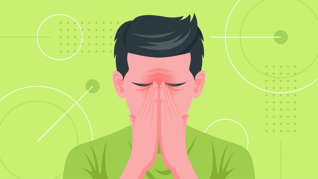 Illustration of a person with dark hair and a green shirt appearing stressed, pressing hands against their face, set against a green background with abstract circular and line patterns. This scene could reflect the common struggles side sleepers face when seeking comfort.