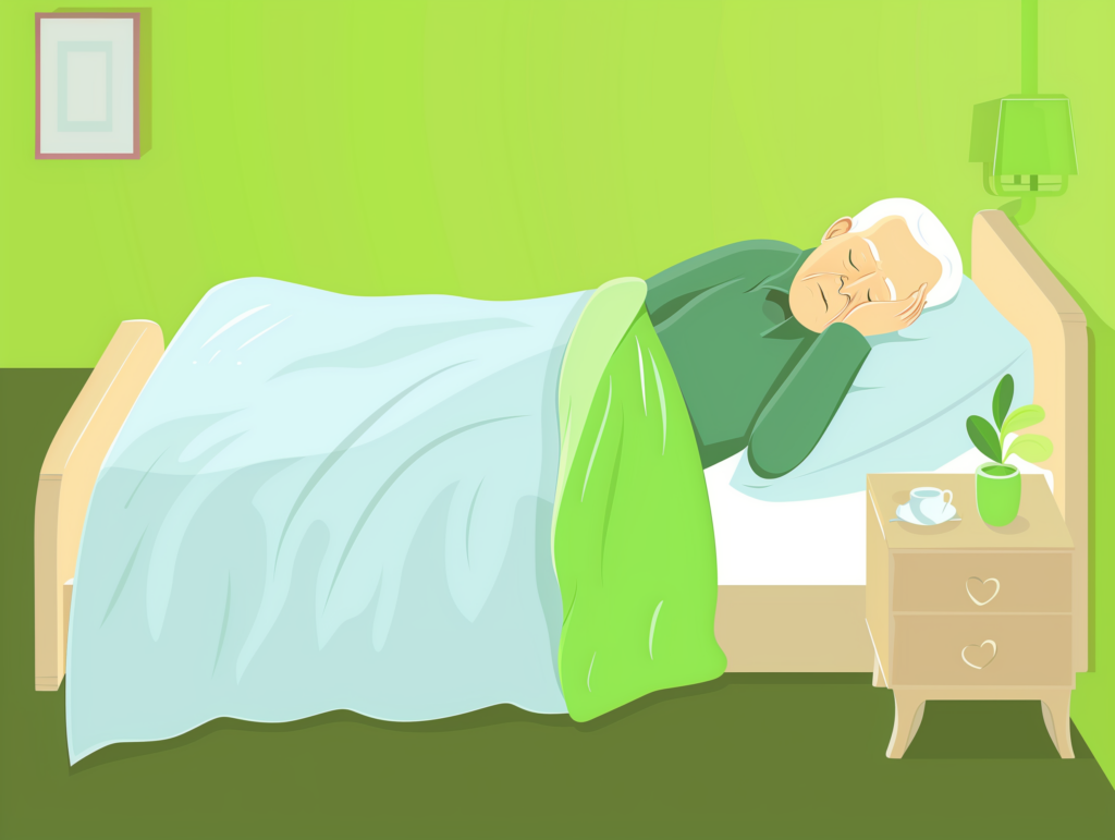 An elderly person with white hair sleeps peacefully in bed, using a CPAP machine for sleep apnea treatment. The green and light blue bedding looks cozy. A nightstand with a plant and a cup is beside the bed. The room is brightly lit with green walls.